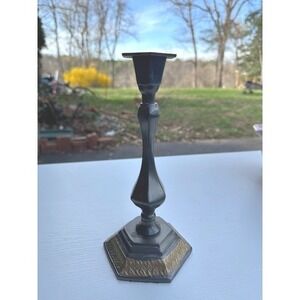 Vintage Black and Gold Hexagonal Metal Candlestick Holder Embossed 8.5 Inch